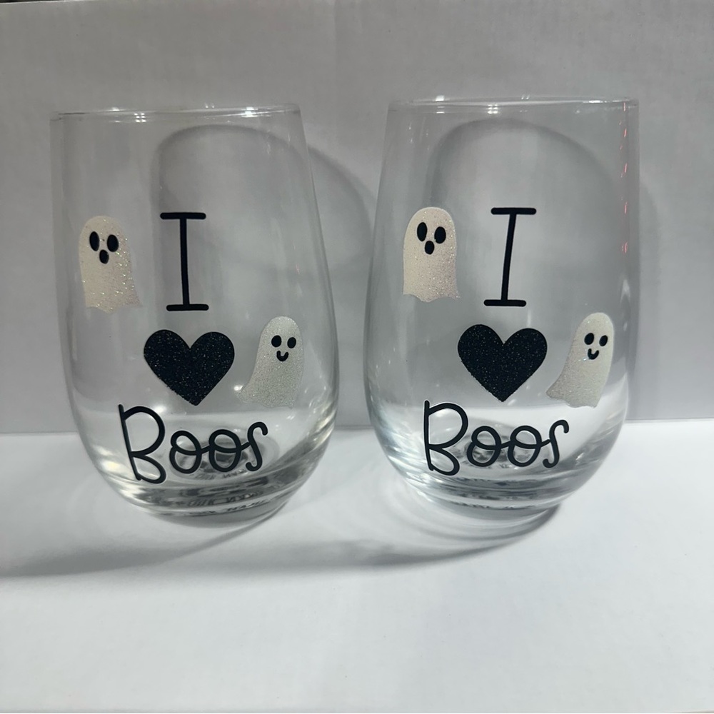 Enesco /SET OF 2/ "I Heart Boos" Glitter Stemless Wine Glass/NWT